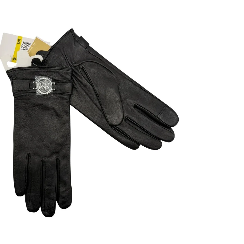 Michael Kors Gloves Womens Medium Black Leather MK Logo Tech‎ Gloves NWT Outdoor